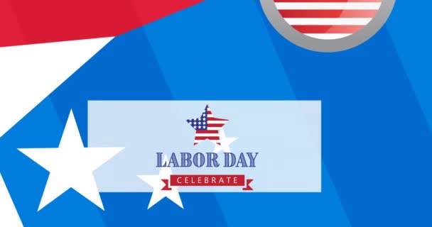 アメリカのパターンの旗の上に労働日のテキストのアニメーション アメリカの愛国心独立とお祝いの概念デジタルで生成されたビデオ — ストック動画
