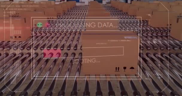 コンベアベルト上の段ボール箱上のデータ処理のアニメーション 世界中の配送 ショッピングの概念をデジタルで生成し — ストック動画