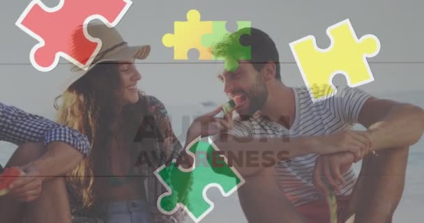 Animation Von Bunten Puzzleteilen Und Autismus Text Über Glückliche Freunde — Stockvideo