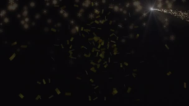 Animatie Van Confetti Sneeuwvlokken Zwarte Achtergrond Kerstmis Winter Traditie Viering — Stockvideo