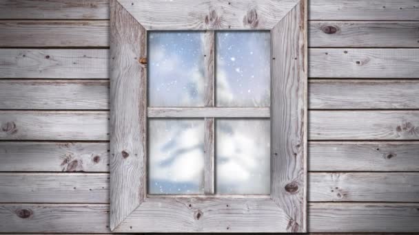 漫漫的雪花飘落和冷杉 透过窗户看到冬季的风景 圣诞节 数字界面和数字制作的视频庆祝概念 — 图库视频影像