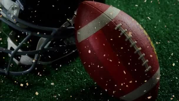 Animazione Coriandoli Che Cadono Sopra Palla Football Americano Casco Concetto — Video Stock