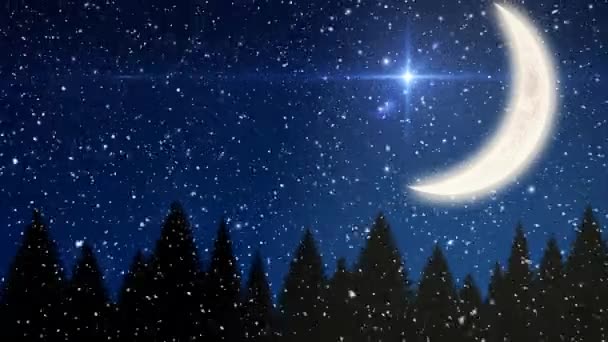 Animation Snow Falling Fir Trees Glowing Stars Moon Blue Sky — Stock Video