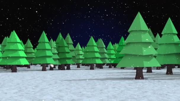 青い背景を背景に冬の風景の上に複数の木のアイコンに落ちる雪 クリスマス フェスティバルとお祝いのコンセプト — ストック動画