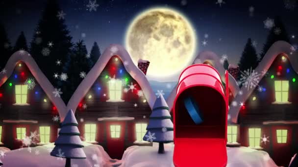 速度的迹象表明 红色的邮箱将被雪花覆盖在多栋房屋之上 圣诞节的庆祝和庆祝概念 — 图库视频影像