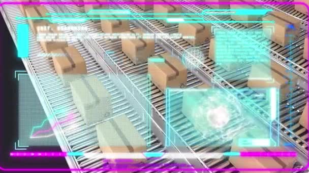 Animation Der Datenverarbeitung Über Kartons Auf Förderbändern Globales Versand Liefer — Stockvideo