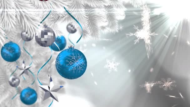Parlayan Işığın Üzerine Düşen Kar Yılbaşı Süslerinin Animasyonu Noel Gelenek — Stok video