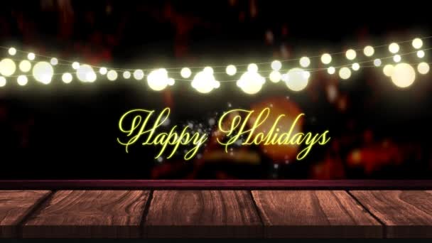 Animatie Van Feeënlichtjes Vrolijke Vakantie Tekst Houten Planken Kerstmis Winter — Stockvideo
