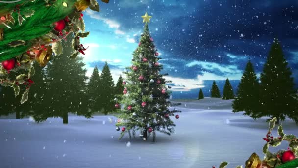 Decoração Grinalda Natal Sobre Neve Caindo Árvore Natal Paisagem Inverno — Vídeo de Stock