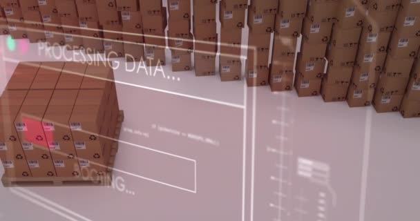 Animación Del Procesamiento Datos Sobre Pila Cajas Cartón Envío Global — Vídeos de Stock