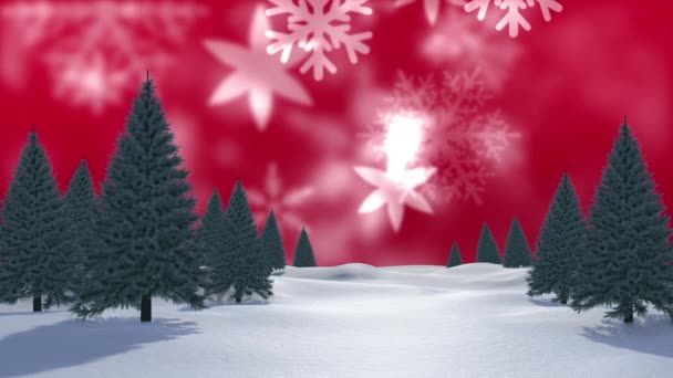 Multiple Tress Winter Landscape Snowflakes Floating Red Background Christmas Festivity — Stock Video