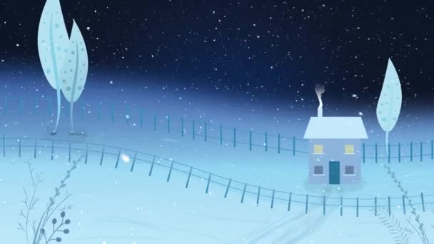 黒を背景に家と冬の風景のアニメーション クリスマス 伝統とお祝いのコンセプトデジタルで生成されたビデオ — ストック動画