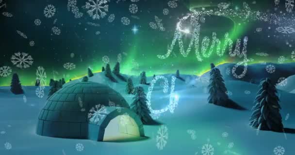 Feliz Navidad Copos Nieve Cayendo Contra Estrella Fugaz Sobre Iglú — Vídeos de Stock