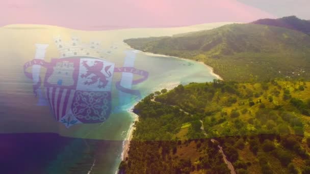 Animación Bandera España Soplando Sobre Buenas Manos Paisaje Playa Viajes — Vídeo de stock