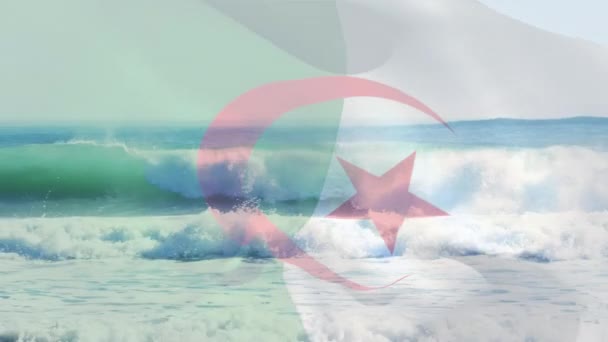 Animação Bandeira Algeria Soprando Sobre Ondas Mar Viagem Feriados Patriotismo — Vídeo de Stock