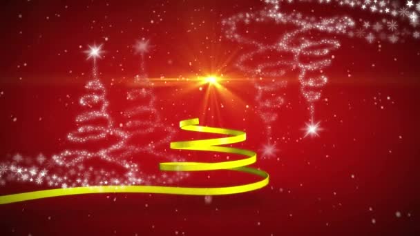 Animación Cinta Amarilla Navidad Formando Árbol Navidad Sobre Fondo Rojo — Vídeos de Stock