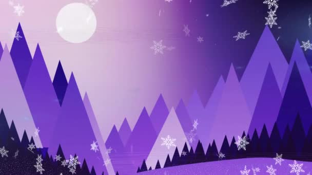 雪の中でサンタ クラスに向かって浮かぶ雪の結晶は 夜空に浮かぶトナカイたちに引っ張られています クリスマス フェスティバルとお祝いのコンセプト — ストック動画