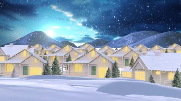Kış Manzarasında Evlerin Üzerine Yağan Kar Animasyonu Noel Gelenek Kutlama — Stok video