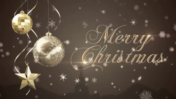 Animatie Van Kerstgroeten Tekst Kerstmis Bauble Decoraties Bruine Achtergrond Kerstmis — Stockvideo
