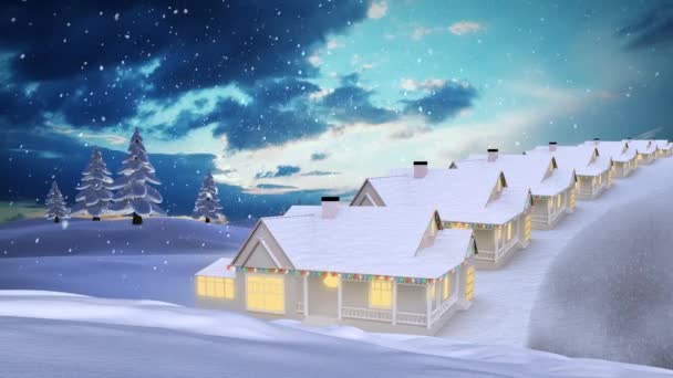 冬の風景の中で家の上に降る雪のアニメーション クリスマス お祝いのコンセプトをデジタルで — ストック動画