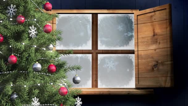 Animación Nieve Cayendo Vista Través Ventana Navidad Tradición Concepto Celebración — Vídeo de stock