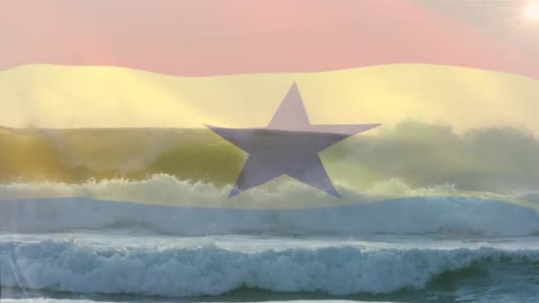 Animacja Flagi Ghany Wiejącej Nad Falami Morzu Podróże Wakacje Patriotyzm — Wideo stockowe