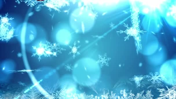 Animación Adornos Navideños Nieve Cayendo Sobre Fondo Azul Con Bokeh — Vídeo de stock