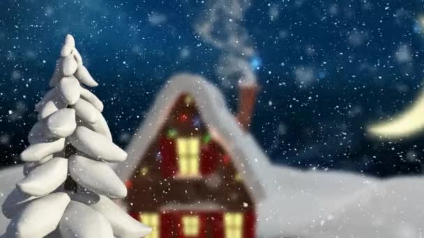 Schnee fällt über Christbaum und Haus, Winterlandschaft gegen Nachthimmel. Weihnachtsfeier und Festkonzept