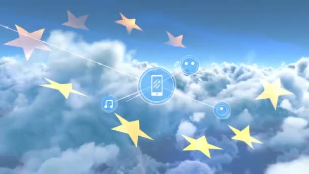 在欧洲联盟的旗帜和云彩上动画图标与智能手机的连接网络 全球连接 数字接口和数字视频技术概念 — 图库视频影像