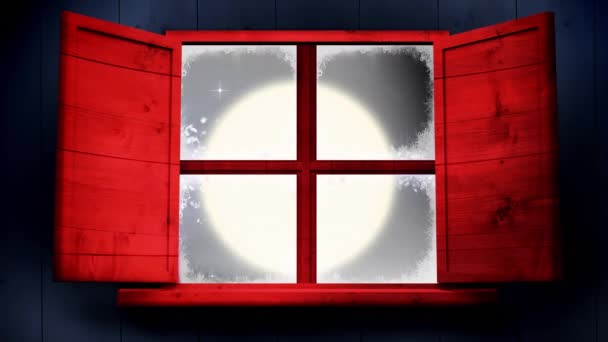 Анімація Снігу Падає Над Місяцем Видно Крізь Вікно Різдво Зима — стокове відео