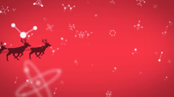 Mikulás Felett Lebegő Molekuláris Szerkezeteket Rénszarvasok Húzzák Vörös Háttéren Karácsonyi — Stock videók