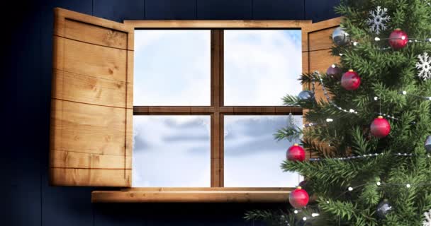 Animation Santa Claus Sleigh Reindeer Seen Window Christmas Tree Christmas — Stock Video