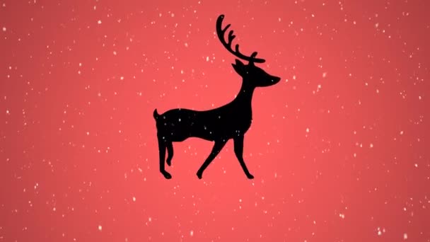 Animación Nieve Cayendo Sobre Renos Navideños Sobre Fondo Rojo Navidad — Vídeo de stock