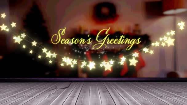 Animation Fairy Lights Seasons Greetings Text Wooden Boards Christmas Winter — Stock Video