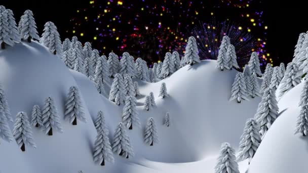 불꽃놀이와 눈송이의 애니메이션 풍경에 떨어진다 크리스마스 디지털 비디오 — 비디오