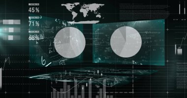 Siyah arkaplana karşı istatistiksel veri işlemesine karşı yüzen matematiksel denklemler. bilgisayar arayüzü ve teknoloji kavramı