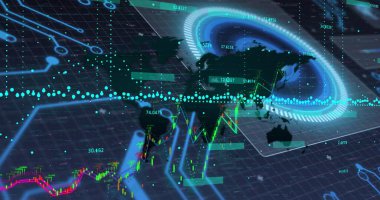 Izgara üzerindeki ekranlarda tarama ve veri işleme alanının resmi. küresel bağlantılar, teknoloji ve dijital arayüz kavramı dijital olarak oluşturulmuş görüntü.