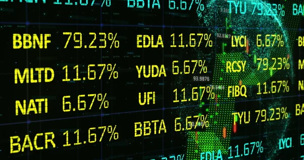 闇を背景に世界中の株式市場や金融データ処理のデジタル画像 世界経済の株式市場とグローバル金融の概念 — ストック写真