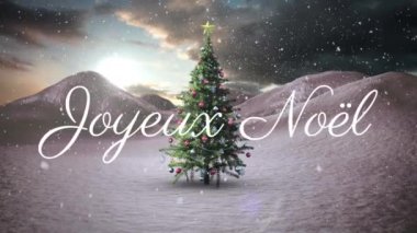 Noel ağacı ve kış manzarası üzerine düşen karla ilgili neşeli noel yazılarının animasyonu. Noel, gelenek ve kutlama konsepti dijital olarak oluşturuldu.