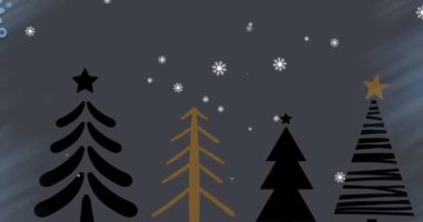 Yılbaşı ağaçlarının üzerine düşen kar animasyonu. Kış, gelenek ve kutlama konsepti dijital olarak oluşturulmuş video.