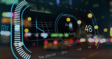 Şarj olan batarya ikonu ve yol üzerindeki hız göstergesiyle arayüzün animasyonu. Enerji, enerji ve yakıt teknolojisi dijital arayüz konsepti dijital olarak oluşturulmuş video.