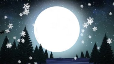 Kızakta Noel Baba 'nın animasyonu. Ayın üstünde ren geyikleriyle. Noel, gelenek ve kutlama konsepti dijital olarak oluşturuldu.