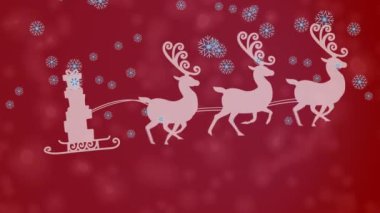 Noel Baba 'nın kızakta, yağan karların üzerinde hareket eden ren geyikleriyle canlandırması. Noel, gelenek ve kutlama konsepti dijital olarak oluşturuldu.