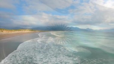 Sahilde dalgalanan Arjantin bayrağının canlandırması. seyahat, tatiller, vatanseverlik ve dijital olarak üretilen video konsepti.