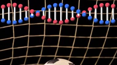 Futbol topu ve ayakkabılarının üzerinde dönen DNA ipliklerinin animasyonu. global spor ve tıp konsepti dijital olarak üretilen video.