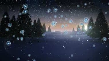 Gece vakti kar yağışının animasyonu. Noel, kış, gelenek ve kutlama konsepti dijital olarak oluşturulmuş video.