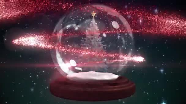 Étoile Filante Rouge Autour Arbre Noël Dans Une Boule Neige — Video