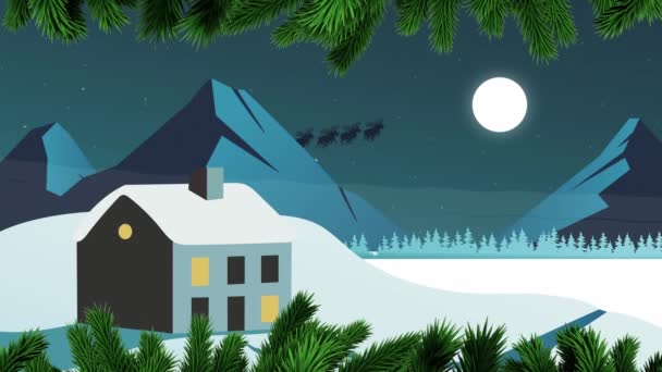 Animación Árboles Sobre Santa Claus Trineo Con Renos Moviéndose Con — Vídeo de stock