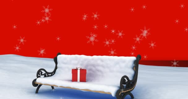 Animação Neve Caindo Sobre Natal Vermelho Presente Banco Coberto Neve — Vídeo de Stock