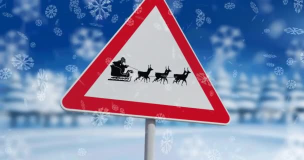 Sneeuwvlokken Vallen Tegen Kerstman Slee Wordt Getrokken Door Rendieren Stopbord — Stockvideo